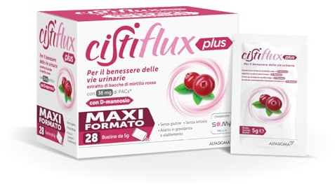 Cistiflux Plus, Integratore a Base di Estratto di Mirtillo Rosso,Cranberry Americano, e D-Mannosio,per Favorire Una Corretta Funzionalità delle Vie Urinarie, 28 Bustine, Gusto Frutti di Bosco