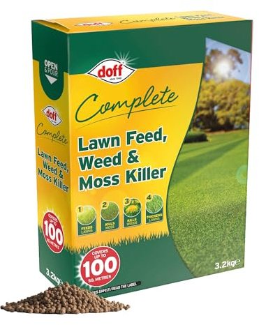 Doff Complete Lawn Feed, Weed & Moss Killer – 3.2kg Triple-Action Lawn Care Treatment for Gardens – Condition & Thicken Lawns & Control Weeds & Moss - Promotes Greener Grass Year-Round
