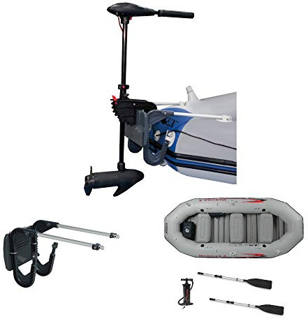 INTEX 12 Volt 8 Speed Transom Trolling Motor Bundled with Motor Mount Kit and Mariner 4 Person Inflatable Fishing Boat & Accessories Set