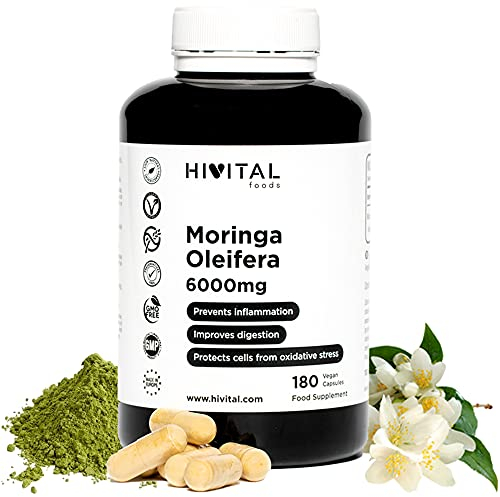 Moringa Oleifera 6000 mg. 180 cápsulas veganas para 6 meses de tratamiento. Extracto Natural fuente de Vitaminas, Minerales, Aminoácidos y Ácidos grasos. Fabricado en España por HIVITAL
