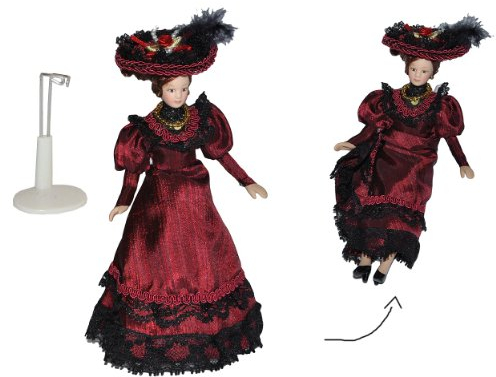 alles-meine.de GmbH Frau/Mutter - Puppe für Puppenstube Maßstab 1:12 - Porzellan Barock Kleid rot - Puppen mit echten Haaren - Biegepuppen Familie Biegepuppe Nostalgie Porzella..