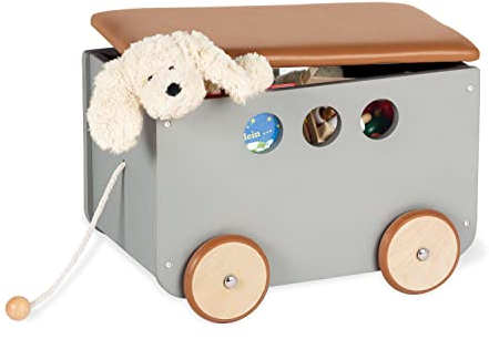 Pinolino Jim - Scatola giocattolo in legno e ecopelle con coisse, ruote in legno gommato e coperchio rimovibile, finta pelle verniciata grigia/marrone