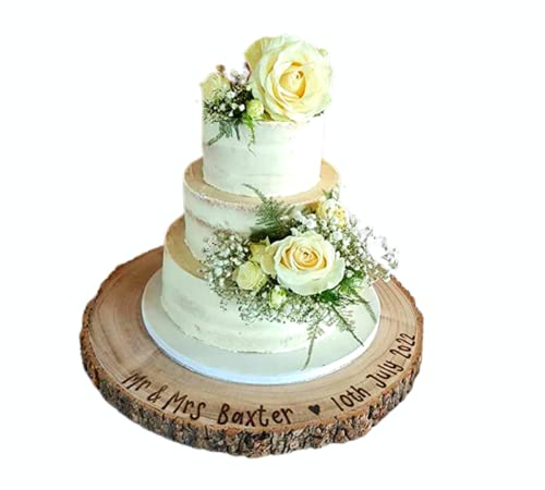 Personalised Rustic Wooden Log Slice Cake Stand – Engraved Wedding Cake Display – Custom Woodland Wedding Decor – Natural Wood Cake Stand Centrepiece (3 Sizes)