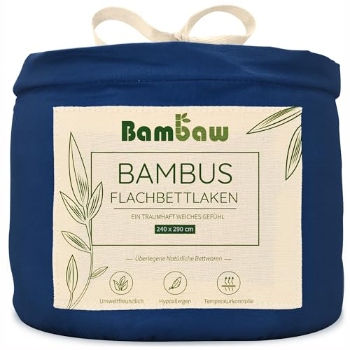Bambaw Betttücher ohne Gummizug 240x290 cm Bambus, atmungsaktive Bettwäsche Anti Schwitzen, Glatte ohne Gummizug Bettlaken, weiche und kühlende Bettwäsche Sommer, 100% Bambus Bettlaken (Marineblau)