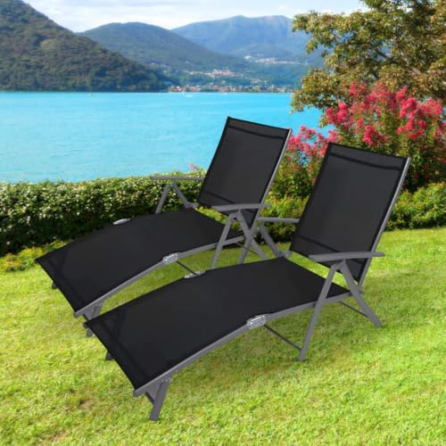 Garden Mile - Sun Lounger Reclining Set of 2 - Heavy Duty Steel Frame Garden Chairs with 170° Recline, Adjustable Headrest, Waterproof Oxford Fabric – Patio, Decking, Camping Deck Chair