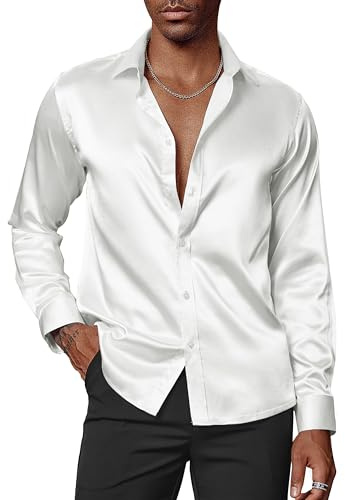 PJ PAUL JONES Camisa de satén para hombre, manga larga, años 70, fiesta brillante, Blanco, XXL