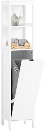 SoBuy Slim Bathroom Storage Cabinet with Laundry Basket 145cm Tall Unit with Open Shelves and Pull-Out Hamper Narrow Bathroom Cabinet for Small Spaces White BZR123-W