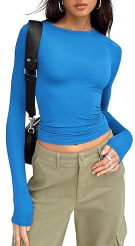 OYIGELZ Women's Basic Long Sleeve Shirt Crop Top Y2K T-Shirt Slim Fit Casual Tee Tops Streetwear(Blue-a,XL)