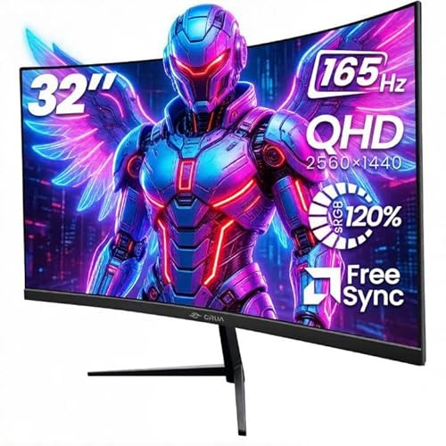 CRUA 32 Curved Gaming-Monitor, 2K QHD 2560x1440P, 144Hz/165Hz, 120% sRGB, FreeSync, Blaulichtfilter, 1500R VA-Bildschirm, Wandmontage möglich – Schwarz