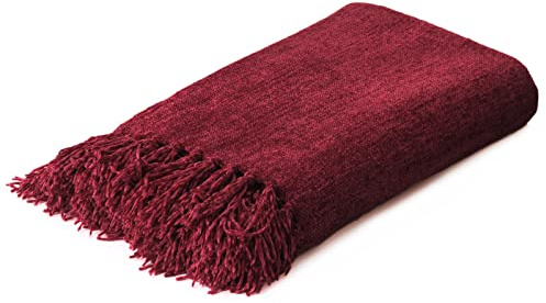 Yoenillo Burgundy Red Chenille Throw Blanket for Couch Bed，Soft Cozy Throw Blanket with Handmade Fringe, Decorative Blanket for Sofa Chair Living Room for Gift, (Burgundy Red)