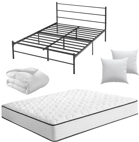 CEYIRO Ensemble Matelas 140x190 et Lit et Couette et 2Oreillers(Pack Matelas 140x190+Lit Métal avec Tête)