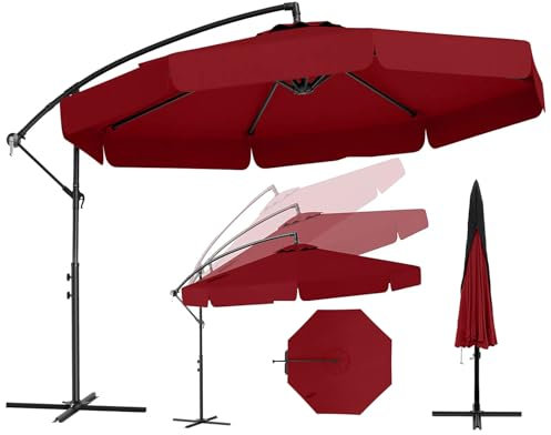RELAX4LIFE Parasol Déporté Φ305x250cm avec Housse, Inclinaison Réglable, Manivelle, 8 Baleines, Base Croisée, Bords Ondulés, Parasol de Jardin Extérieur Protection UV pour Jardin Terrasse (Rouge)
