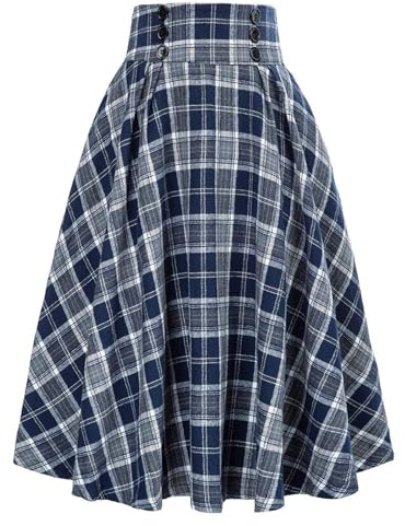 Jupe Ecossaise Femme Taille Haute- Jupe Plissee Vintage Mi Longue Carreaux Décontractée AVCE Bouton Classiques Baggy Comfortable Chic Et Élégants De Tous Les Jours Skirt Party