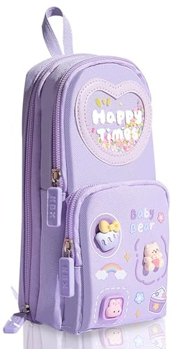 KU Astuccio portapenne con motivo cartoon, grande, con 3 scomparti, molto capiente, per studenti, bambini, ragazze e ragazzi, multifunzionale, per scuola e ufficio, Lilla