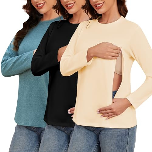 Love2Mi Confezione da 3 Magliette Premaman a Maniche Lunghe con Cerniera per l'Allattamento, T-Shirt per Donne Incinte, L