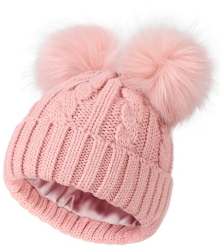 Creekstone Cappelli Invernali Foderati in Raso per Capelli Ricci, Caldi Berretto a Maglia con Doppio Pompon per Donne, Pom Pom Beanie (IT, Testo, Taglia Unica, Rosa)