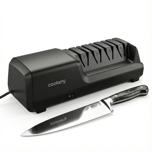 Cookery Messerschärfer Elektrisch 4-Stufen Elektrischer Messerschleifer für alle Messer | Diamant Profi Messerschleifmaschine zum Schärfen & Schleifen von Küchenmessern | Messerschleifgerät