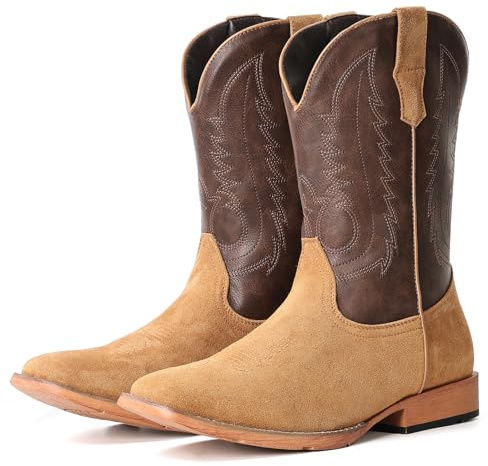 IUV Cowboy Boots for Men Suede Square Toe Western Boots Pull On Durable Classic Embroidered Boot