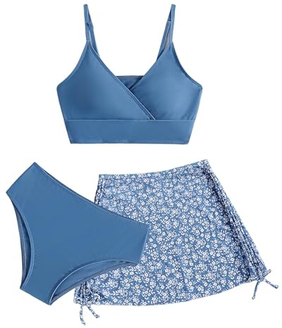 Momkonzz Girls Swimming Costume Kids Swimsuits Bikini Set 3 Piece Bathing Suits Teen Flower Bikini Strap Set with Skirt Cover Up Surfing Beach Swimwear Blue 13 Years
