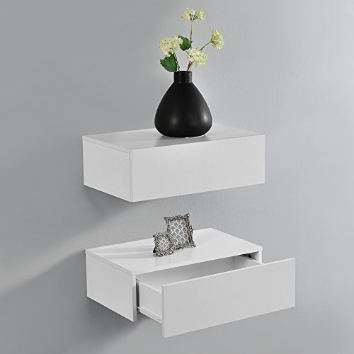 [en.casa] Set di 2 Comodini Sospesi Mensole da Parete con Cassetto Integrato Mobiletti Salvaspazio per Camera da Letto Ingresso Soggiorno 46x30x15 cm Bianco Opaco