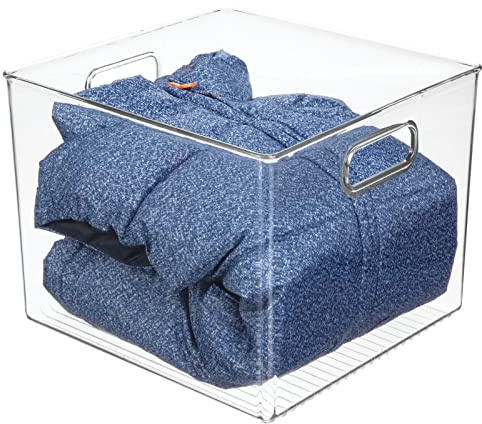 mDesign Small Modern Plastic Storage Organizer Bin Basket with Handles for Home Closet Organization - Shelf, Cubby, Cabinet, and Cupboard Organizing Decor - Ligne Collection - Clear