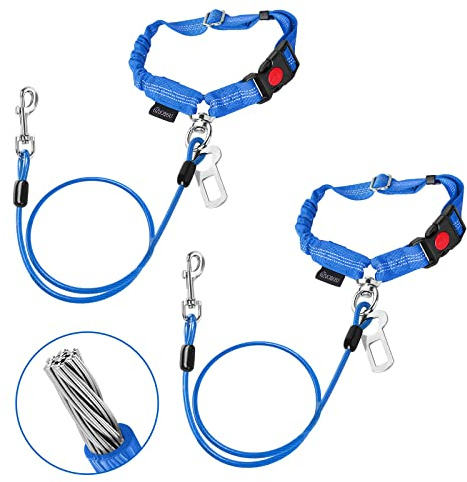 CHZUOBER Chew Proof Dog Car Seat Belt, 2 in 1 Steel Cable Dog Car Accessories Headrest Restraint Doggie Car Seatbelt for Medium Large Dogs Chewer Heavy Duty Doggie Seatbelts for Cars Swivel Attach