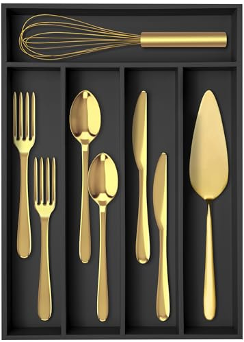 Conflech Silverware Organizer Bamboo Kitchen Drawer Organizer Utensil Organizer Silverware Holder Cutlery Organizer in drawer Flatware Organizer Tray (Black 5 Slots)