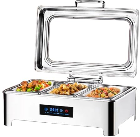 9L Buffetwärmer Elektrisch Speisenwärmer, Chafing Dish Elektrisch mit Intelligente Berührung und Sichtbarem Glasdeckel, Wärmebehälter für Catering Party Küchen Hotel Buffet(Size:3 grid)