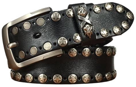 JIARY Cintura Uomo Borchiata, Cintura de Occidentale Rivetti Punk Moda Casual, Cinture in Pelle Western Roccia Vintage Regolabile con Fibbia ad Ardiglione in Metallo,Nero,120CM/47.3''