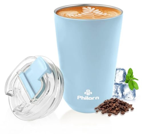 Philorn Coffee Cup, 13 oz/380 ml Insulated Travel Mug with Leakproof Lid & Double Wall, Reusable Vacuum Stainless Steel Coffee Mug for Hot and Cold Drinks, Light Blue