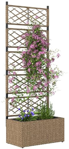 Outsunny Jardinera con Enrejado de Ratán Jardinera Exterior Grande con Enrejado 2 Macetas Extraíbles para Plantas Trepadoras para Jardín Patio Terraza 57x30x150 cm Natural
