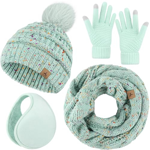 LOROME Winter Beanie Hat Scarf Gloves Set with Ear Muffs Warmer for Women