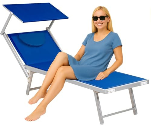 BAKAJI Lettino Prendisole Pieghevole da Mare con Tettuccio Parasole e Cuscino Poggiatesta Sdraio Stabilimento Piscina Spiaggia Professionale in Alluminio e Textilene 180 x 60 x 40 cm (Total Blu)
