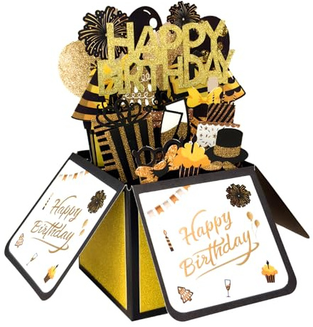 UIHRLM Pop Up Birthday Card, 3D Happy Birthday Pop Up Card with Envelopes and Message Cards, Creative Birthday Balloons Fireworks Greeting Cards for Girls Boys Women Men Friends (Black)