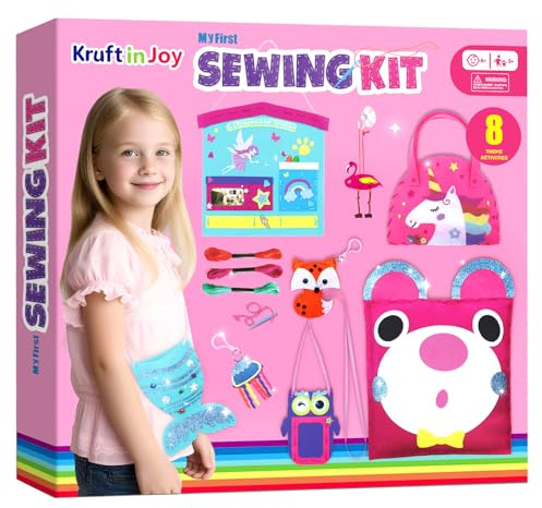 Kruft in Joy My First Sewing Kit Fun Felt Craft for Kids-8 Easy DIY Project twiggle Stuffed Animal Doll Plush Pillow Bag Charms Unicorn Mermaid Bear Fox Owl,Learn to Sew Embroidery Gift for Girl 5 12