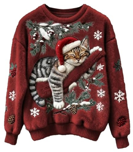 Générique Pull de Noel Femme Rigolo, Sweat à Col Rond en Peluche avec Un Motif de Chat en 3D, Flanelle Doux et Confortable
