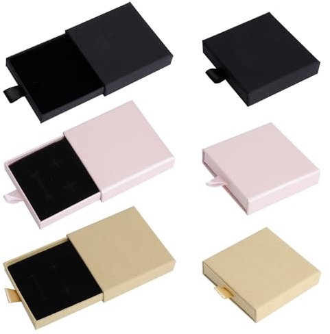 XRVRILE Förpackning med 6 presentlådor för smycken, 7 x 7 x 1,7 cm, utdragbar presentask, litet smyckefodral, ringlåda, presentask, liten för halsband, örhängen, armband (ljusbrun, svart, rosa)
