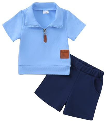 JENJON Conjunto Ropa para Niños Pequeños Manga Corta con Cuello Vuelto Camiseta Polo Lisa/Estampada y Pantalones Cortos 2 Piezas Chándal Traje para Verano Cremallera azul 2-3 Años