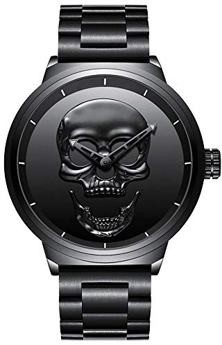 Hombre de cráneo creativo reloj Cool acero inoxidable grande dial Vintage Boy cuarzo reloj militar (Negro)
