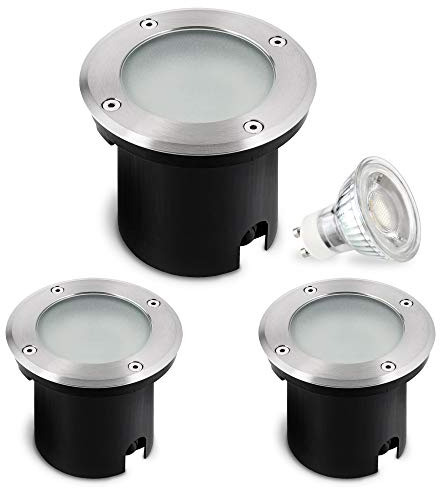 SSC-LUXon 3 Stück MARNE LED Bodeneinbaustrahler Aussen rund IP67 - mit 3x LED GU10 3W neutralweiß - Bodenspot 230V befahrbar & trittfest
