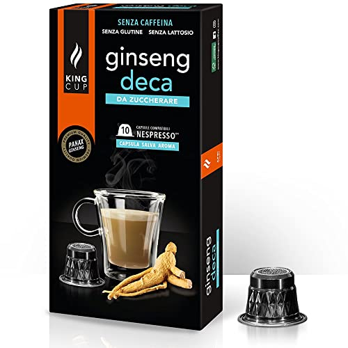 King Cup - 1 Confezione da 10 Capsule di Ginseng Deca da Zuccherare, 10 Capsule 100% Compatibili con Sistema Nespresso di Bevanda al Gusto di Ginseng, Senza Glutine e Senza Lattosio