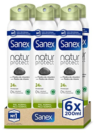 Sanex Natur Protect Desodorante Spray, Pack 6 Uds x 200 ml, Protección 24H contra el Mal Olor, con Piedra de Alumbre, 0% Alcohol, Sin Alérgenos ni Colorantes, Piel Normal