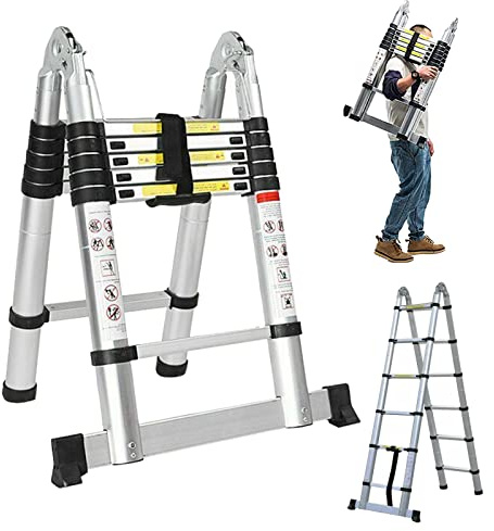 12.5FT Telescopic Folding Ladder Extension Aluminum 1.9m+1.9m A-Frame 3.8m Straight Ladder Telescoping Portable Multi-Purpose with Stabilizer Bar for Building Maintenance Window Cleaning Decoration