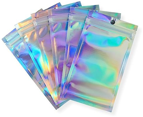 Rimiko 150 Piezas de Bolsas Holográficas de Aluminio Resellables, Bolsas Mylar Herméticas para Alimentos, Bolsas Planas con Cierre Zip para el Embalaje de Productos (Holográfico, 16x24cm)