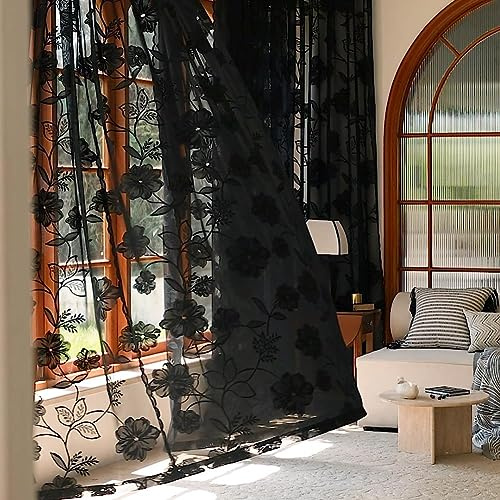 Treatmentex Black Sheer Lace Curtains for Bedroom Living Room Studio 84inch Long Vintage Rose Floral Embroidered Semi Sheer Curtain Panels Privacy Leaf Sheer Drapes with Scalloped Edge 54 w 2pcs 7ft