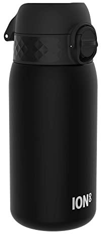 ion8 Kinder Trinkflasche, 350ml, Auslaufsicher, Einhandöffnung, Sichere Verriegelung, Spülmaschinenfest, BPA-frei, Tragegriff, Klappdeckel, Leicht zu Reinigen, Klimaneutral, Schwarz
