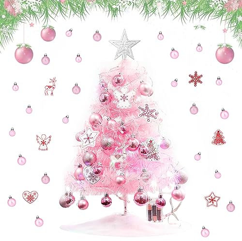 Weihnachtsbaum Rosa,Künstlicher Mini-Weihnachtsbaum mit Beleuchtung und Weihnachtsbaum Kugeln,für Weihnachten Dekoration Hochzeiten Tischaufsätze Halloween Geburtstagsfeiern(60cm)