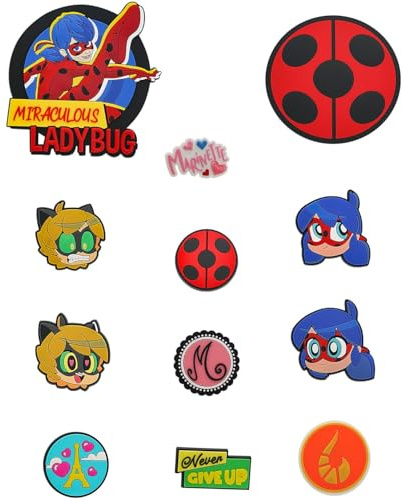 Miraculous Ladybug Pop n' Swop - 12 insignias surtidas de mariquita y gato negro, insignias de clip regulares y XXL, compatibles con bolsos Pop n' Swop, bolsa de hombro y mochilas (Wyncor)