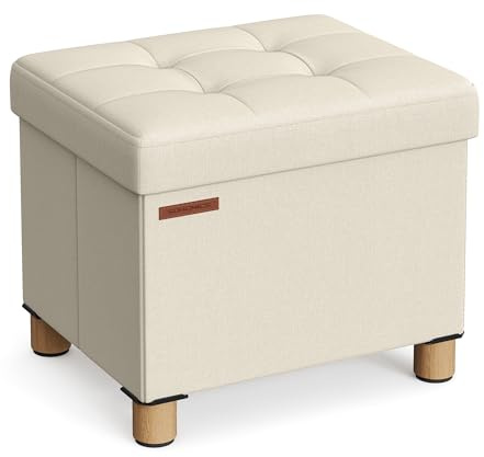 SONGMICS Puff Almacenaje, Baúl de Almacenaje Plegable, 32 x 40 cm, Taburete Reposapiés, Banco con Almacenamiento, Soporta hasta 300 kg, para Sala de Estar, Dormitotio, Blanco Crema LSF012W11