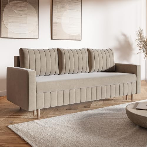 MOTIVENA Leo Sofagarnituren, 3 Sitzer Sofa mit Bettfunktion, Schlafsofa 215 cm Breit, Klappsofa mit Schlaffunktion, Bettsofa mit Schlaffunktion, Bonellfederkern (H4), Samt Sofa Beige